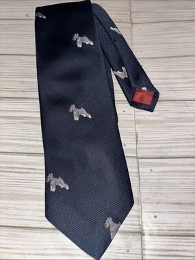 Vintage Schnauzer Dog Tie by Chippmunk Creations Classic Navy Blue Silk